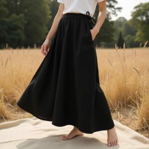 Black Linen Midi Skirt – Minimalist A-Line, High Waisted