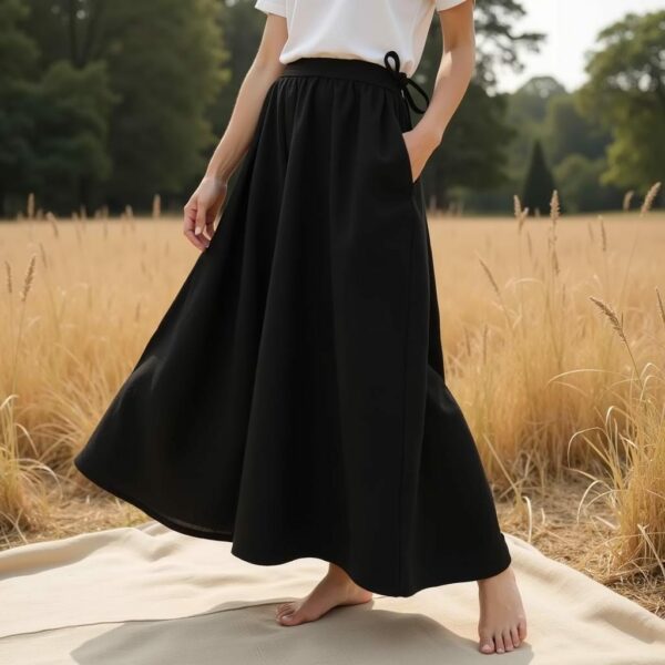 Black Linen Midi Skirt – Minimalist A-Line, High Waisted