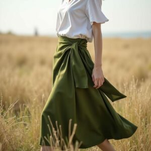 Women&apos;s Green Linen Wrap Midi Skirt – Boho Summer Fashion